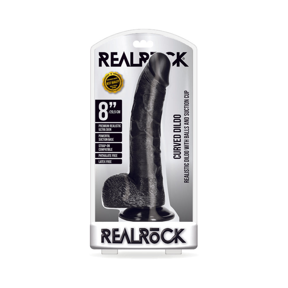 REALROCK REALISTIC 8 IN. CURVED DILDO WITH BALLS AND SUCTION CUP BLACK