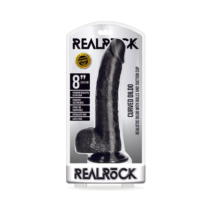 REALROCK REALISTIC 8 IN. CURVED DILDO WITH BALLS AND SUCTION CUP BLACK