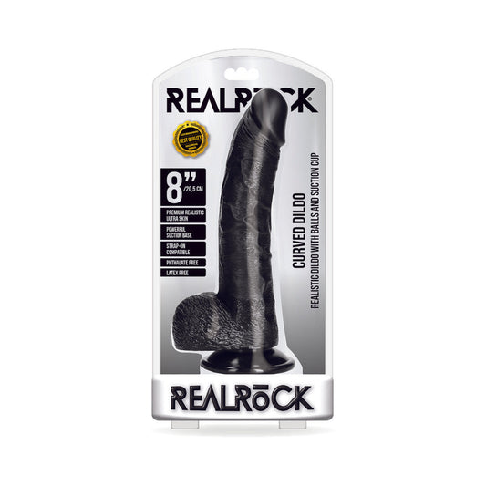 REALROCK REALISTIC 8 IN. CURVED DILDO WITH BALLS AND SUCTION CUP BLACK