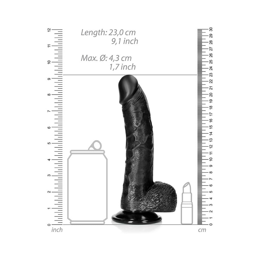 REALROCK REALISTIC 8 IN. CURVED DILDO WITH BALLS AND SUCTION CUP BLACK