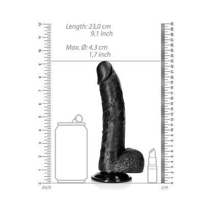 REALROCK REALISTIC 8 IN. CURVED DILDO WITH BALLS AND SUCTION CUP BLACK