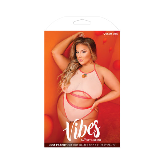 FANTASY LINGERIE VIBES JUST PEACHY CUT-OUT HALTER TOP & CHEEKY PANTY PEACH QUEEN SIZE