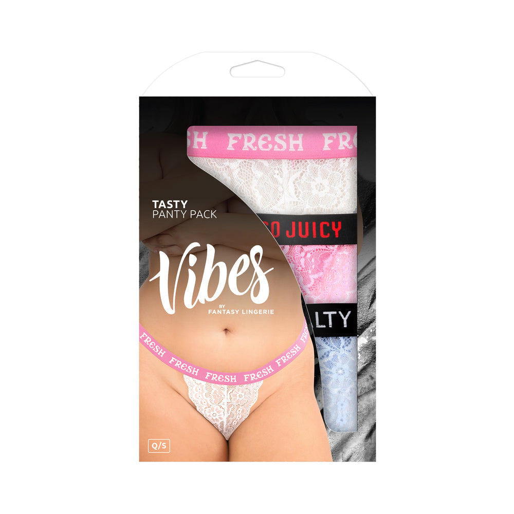 FANTASY LINGERIE VIBES TASTY VIBES PACK 3-PIECE LACE THONG PANTY SET BLUE/PINK/WHITE QUEEN SIZE