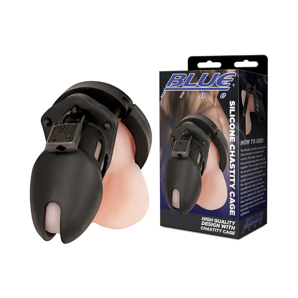 BLUE LINE SILICONE CHASTITY CAGE BLACK