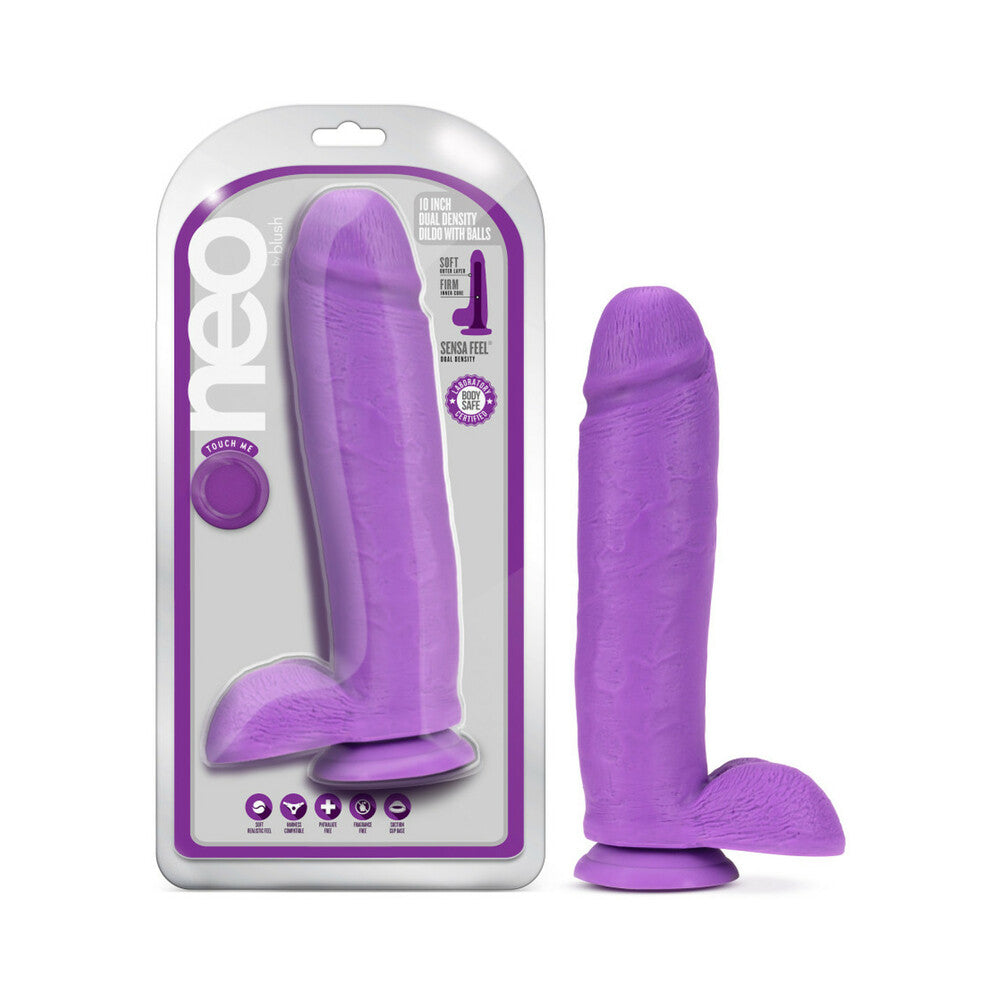 NEO 10 IN. DUAL DENSITY DILDO WITH BALLS NEON PURPLE