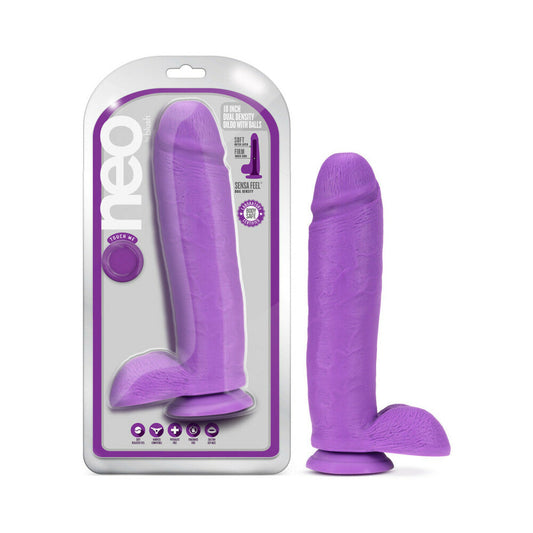 NEO 10 IN. DUAL DENSITY DILDO WITH BALLS NEON PURPLE