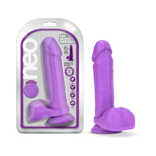 NEO 8 IN. DUAL DENSITY DILDO WITH BALLS NEON PURPLE