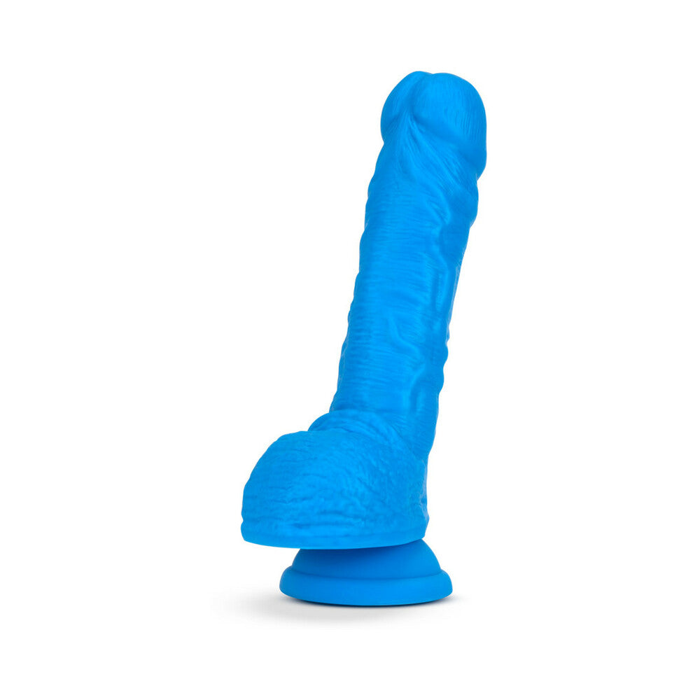 NEO 9 IN. DUAL DENSITY DILDO WITH BALLS NEON BLUE