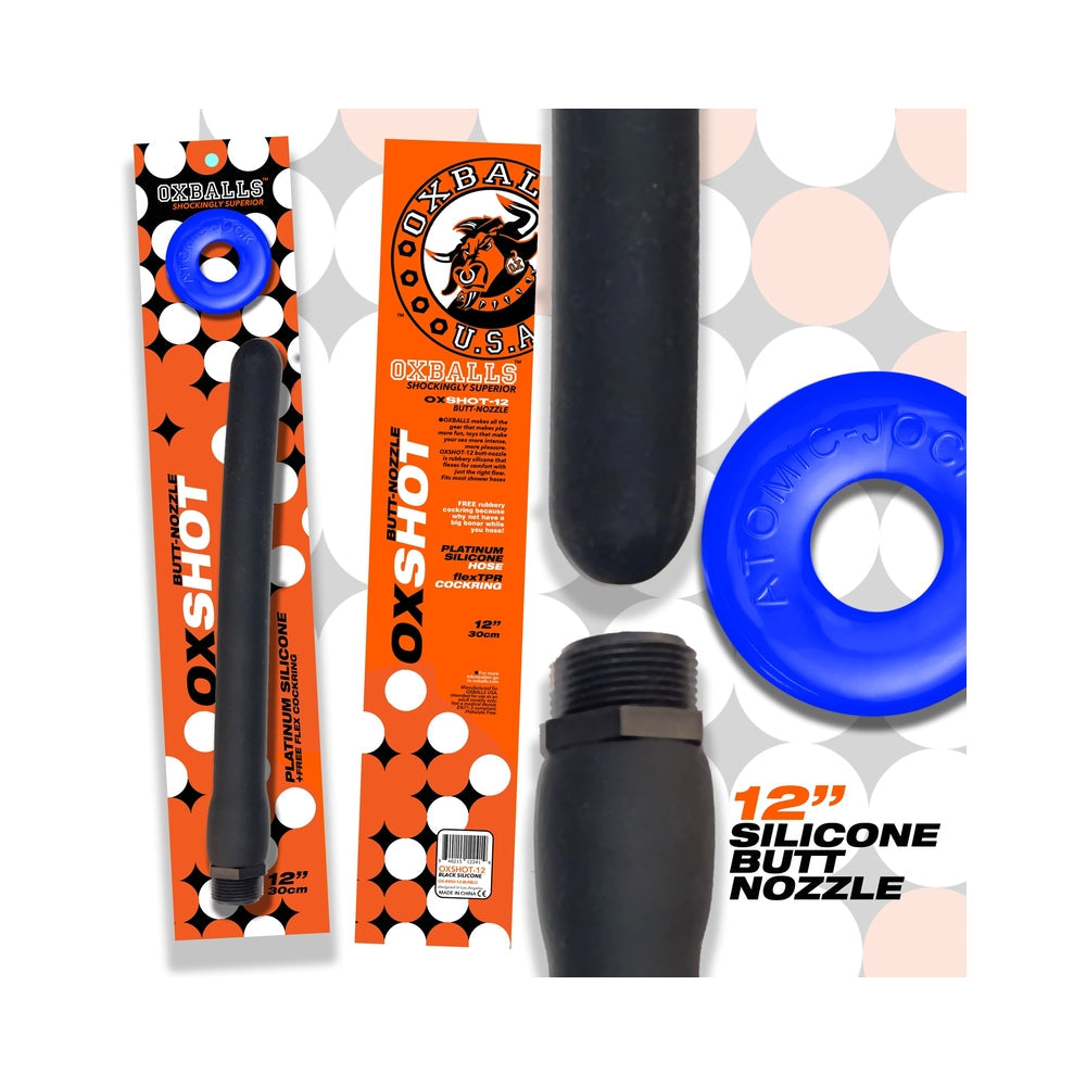 OXBALLS OXSHOT BUTT NOZZLE SHOWER HOSE 12 IN. + FLEX COCKRING BLACK