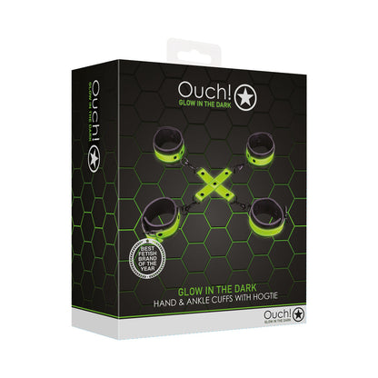 OUCH! GLOW IN THE DARK HAND & ANKLE CUFFS WITH HOGTIE SET NEON GREEN