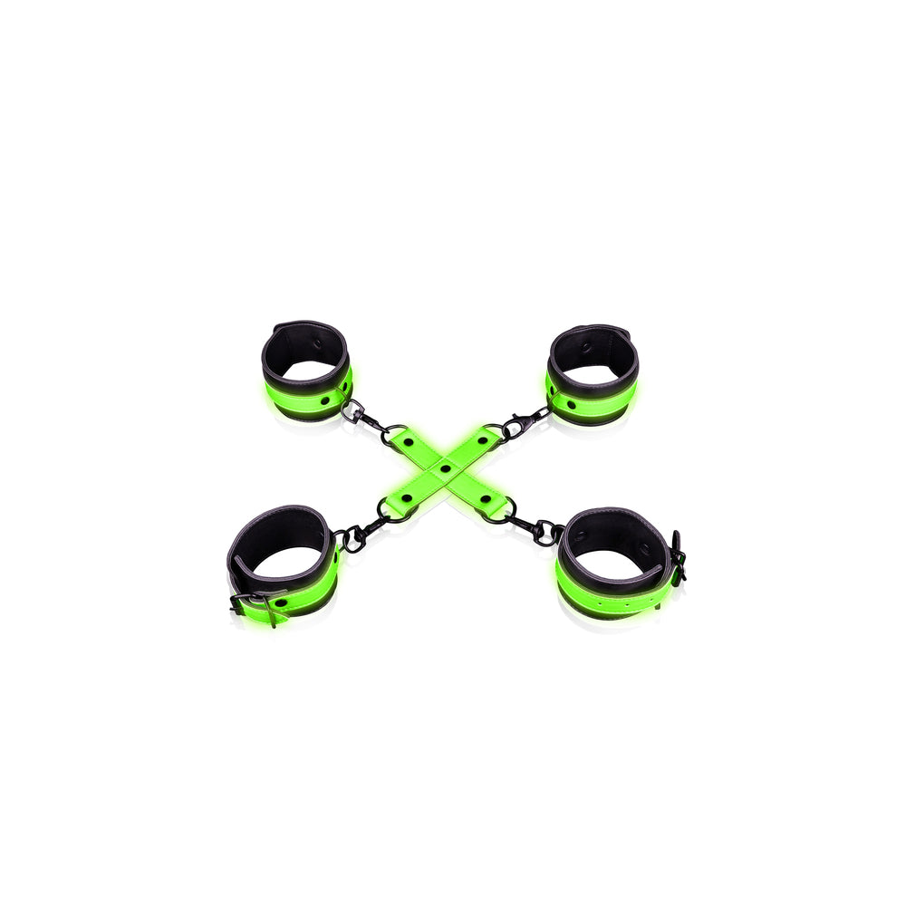 OUCH! GLOW IN THE DARK HAND & ANKLE CUFFS WITH HOGTIE SET NEON GREEN