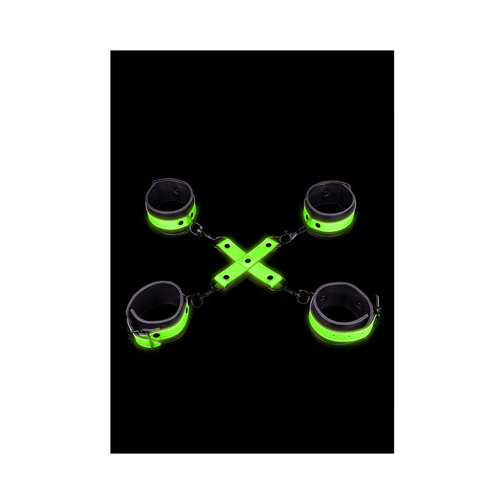 OUCH! GLOW IN THE DARK HAND & ANKLE CUFFS WITH HOGTIE SET NEON GREEN