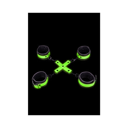 OUCH! GLOW IN THE DARK HAND & ANKLE CUFFS WITH HOGTIE SET NEON GREEN