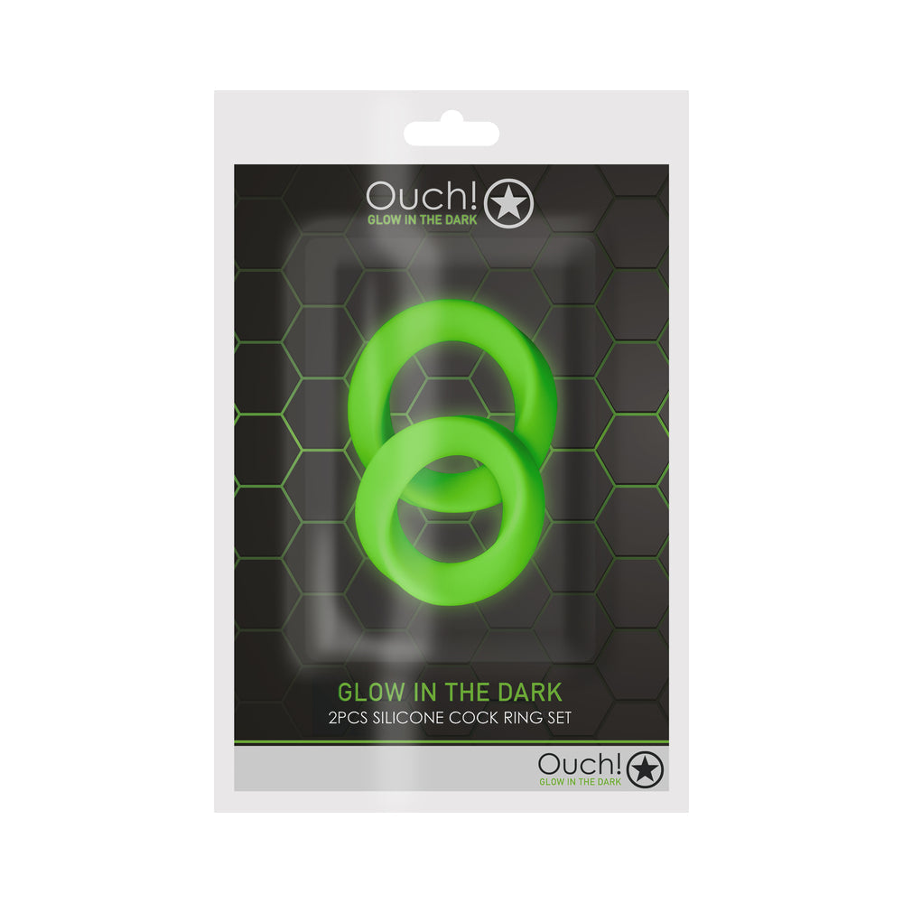 OUCH! GLOW IN THE DARK 2-PIECE SILICONE COCKRING SET NEON GREEN