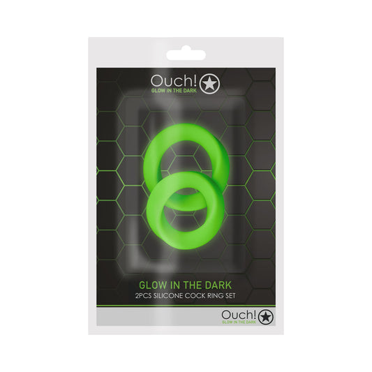 OUCH! GLOW IN THE DARK 2-PIECE SILICONE COCKRING SET NEON GREEN