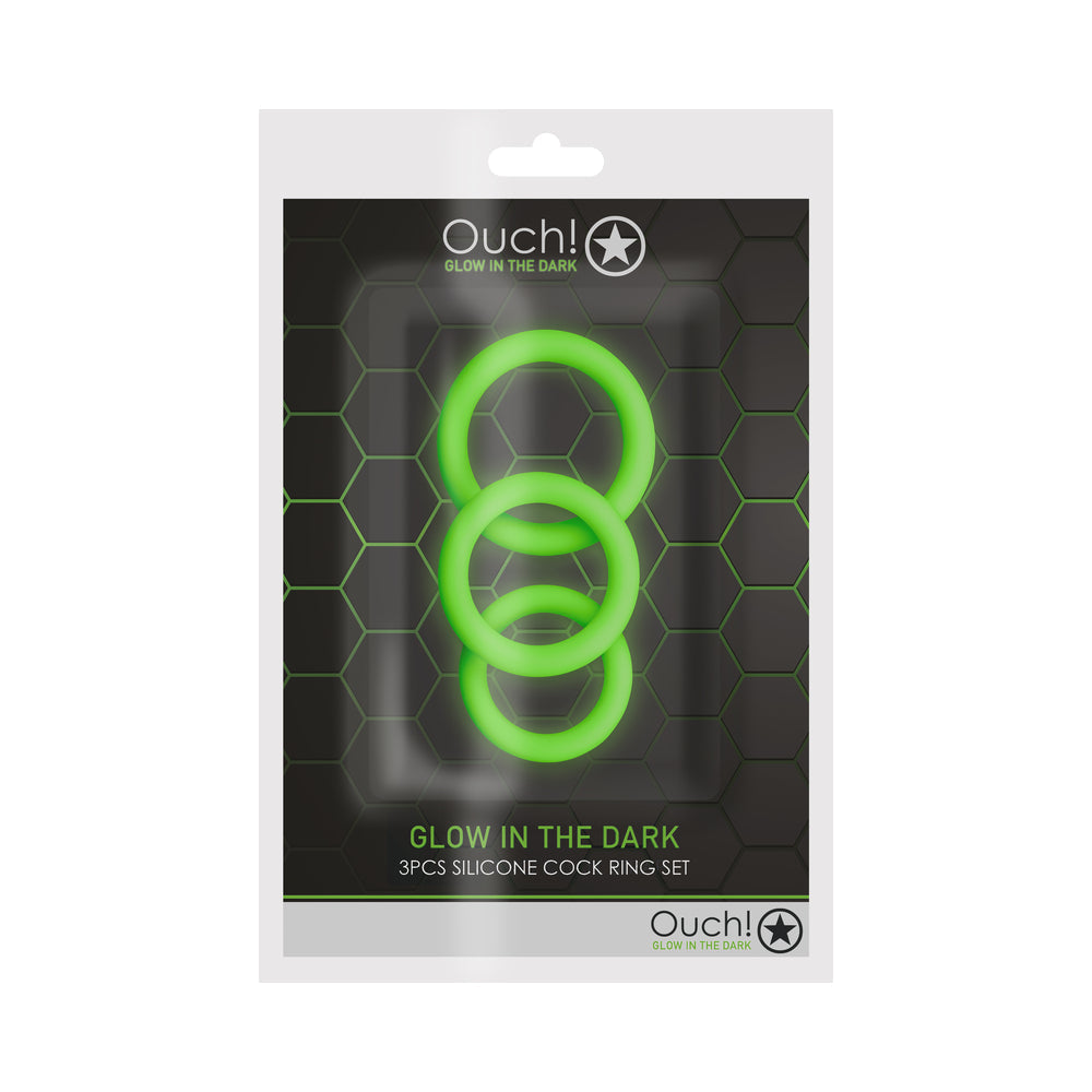 OUCH! GLOW IN THE DARK 3-PIECE SILICONE COCKRING SET NEON GREEN