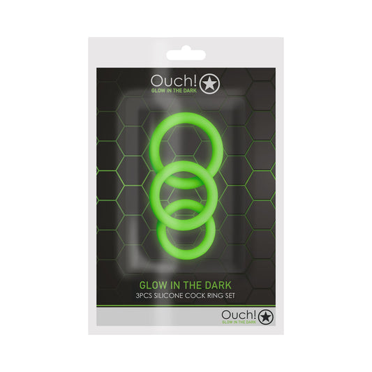 SHOTS - OUCH! GLOW IN THE DARK 3-PIECE SILICONE COCKRING SET NEON GREEN