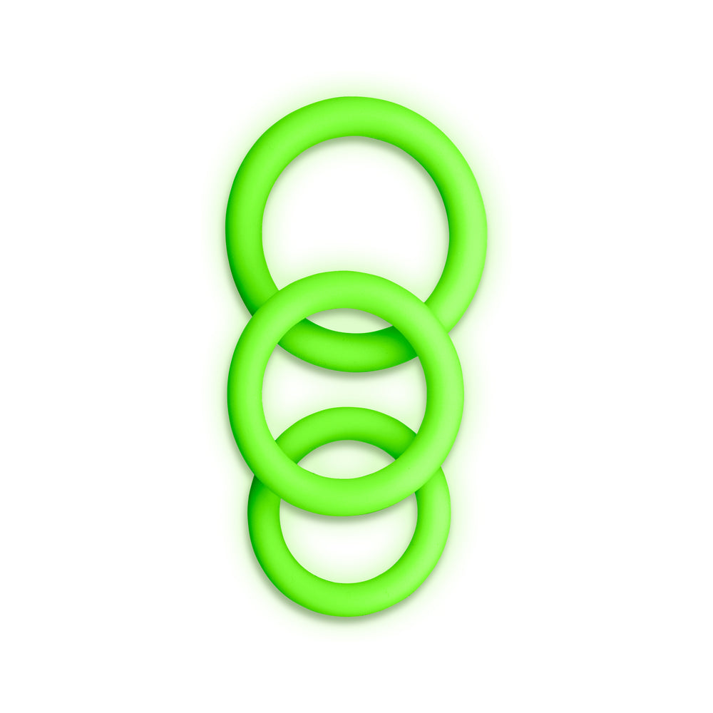 OUCH! GLOW IN THE DARK 3-PIECE SILICONE COCKRING SET NEON GREEN