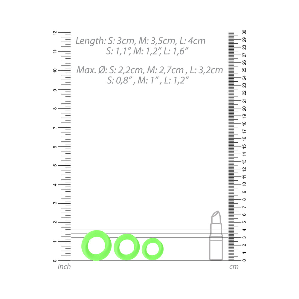 OUCH! GLOW IN THE DARK 3-PIECE SILICONE COCKRING SET NEON GREEN