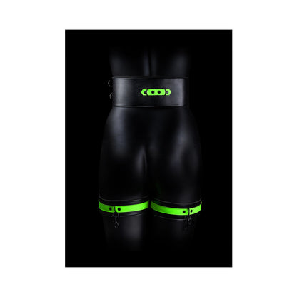 OUCH! GLOW IN THE DARK 5-PIECE BONDED LEATHER THIGH & HANDCUFFS WITH BELT RESTRAINT NEON GREEN L/XL