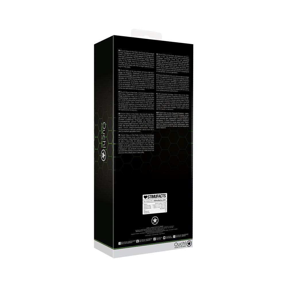 OUCH! GLOW IN THE DARK 5-PIECE BONDED LEATHER THIGH & HANDCUFFS WITH BELT RESTRAINT NEON GREEN S/M