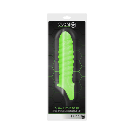 OUCH! GLOW IN THE DARK SWIRL STRETCHY 6.2 IN. PENIS SLEEVE NEON GREEN