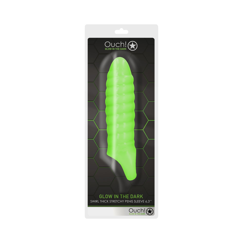 OUCH! GLOW IN THE DARK SWIRL THICK STRETCHY 6.3 IN. PENIS SLEEVE NEON GREEN
