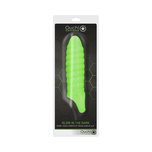 OUCH! GLOW IN THE DARK SWIRL THICK STRETCHY 6.3 IN. PENIS SLEEVE NEON GREEN