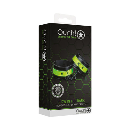 SHOTS - OUCH! GLOW IN THE DARK BONDED LEATHER HANDCUFFS NEON GREEN