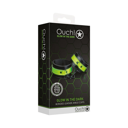 SHOTS - OUCH! GLOW IN THE DARK BONDED LEATHER HANDCUFFS NEON GREEN
