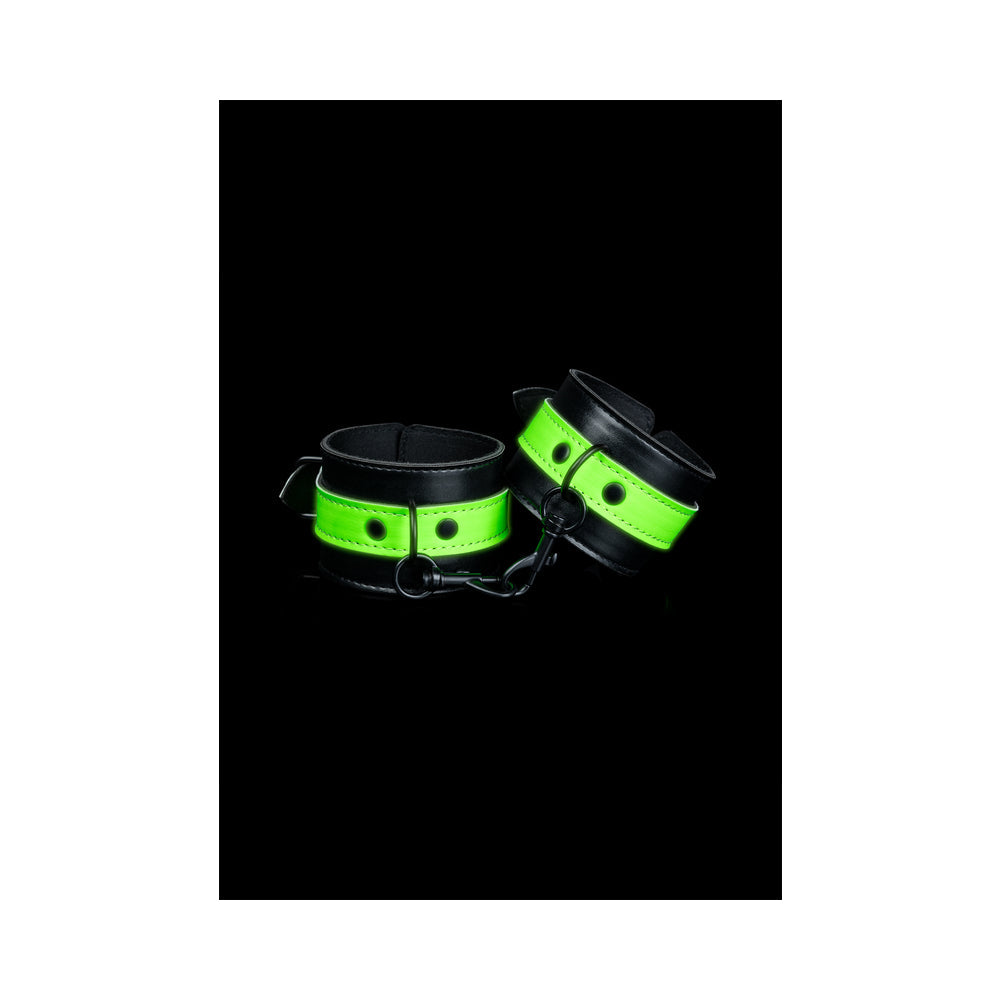 SHOTS - OUCH! GLOW IN THE DARK BONDED LEATHER HANDCUFFS NEON GREEN