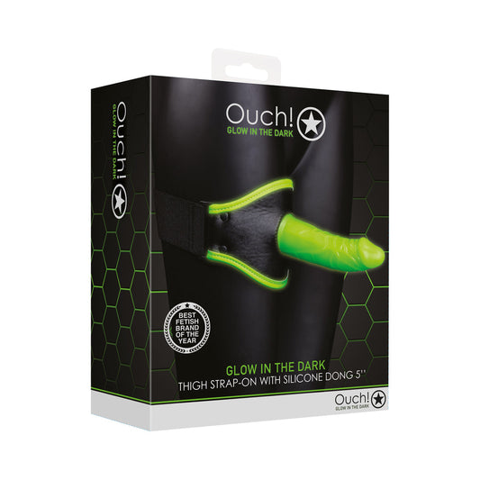 SHOTS - OUCH! GLOW IN THE DARK THIGH STRAP-ON HARNESS WITH 5 IN. SILICONE DILDO NEON GREEN