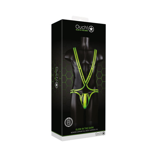 SHOTS - OUCH! GLOW IN THE DARK BONDED LEATHER FULL-BODY HARNESS NEON GREEN L/XL