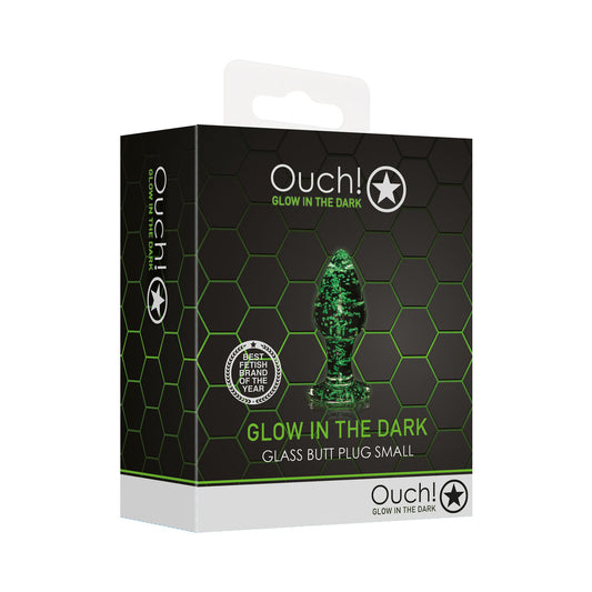 SHOTS - OUCH! GLOW IN THE DARK GLASS ANAL PLUG CLEAR/GREEN SMALL