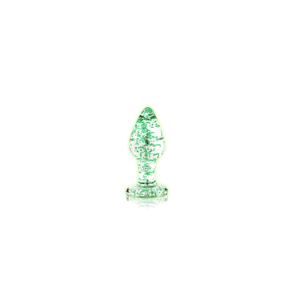 SHOTS - OUCH! GLOW IN THE DARK GLASS ANAL PLUG CLEAR/GREEN SMALL