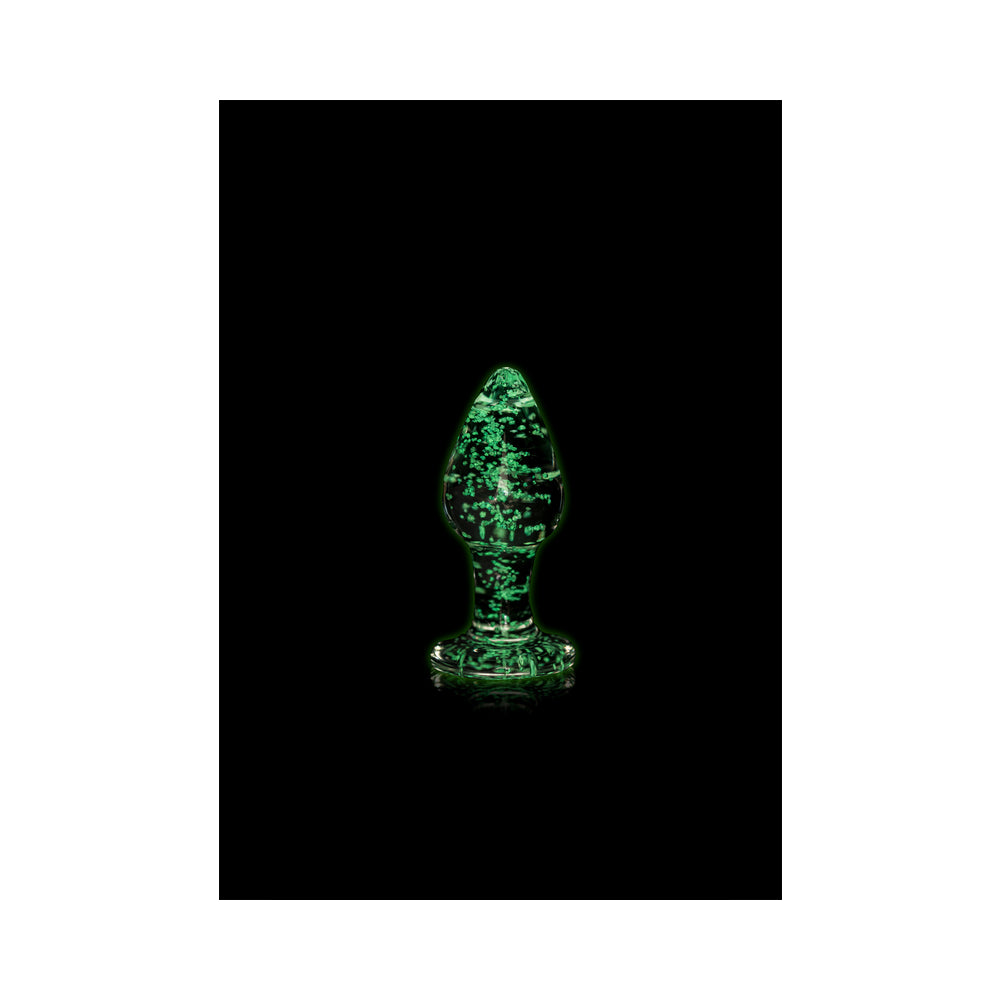 SHOTS - OUCH! GLOW IN THE DARK GLASS ANAL PLUG CLEAR/GREEN SMALL