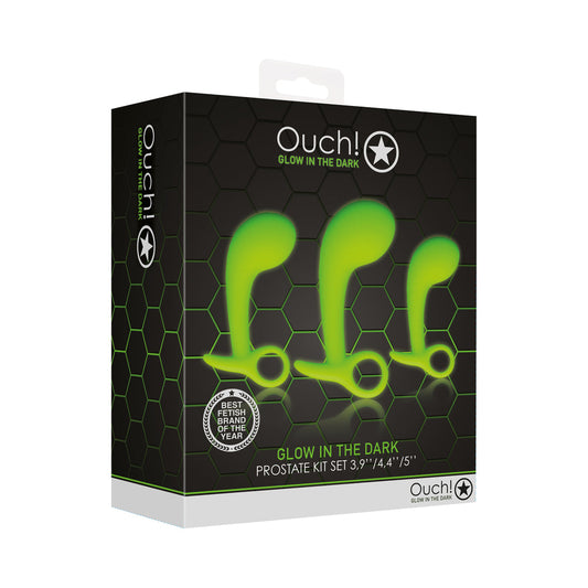 OUCH! GLOW IN THE DARK PROSTATE KIT 3-PIECE ANAL PLUG SET NEON GREEN