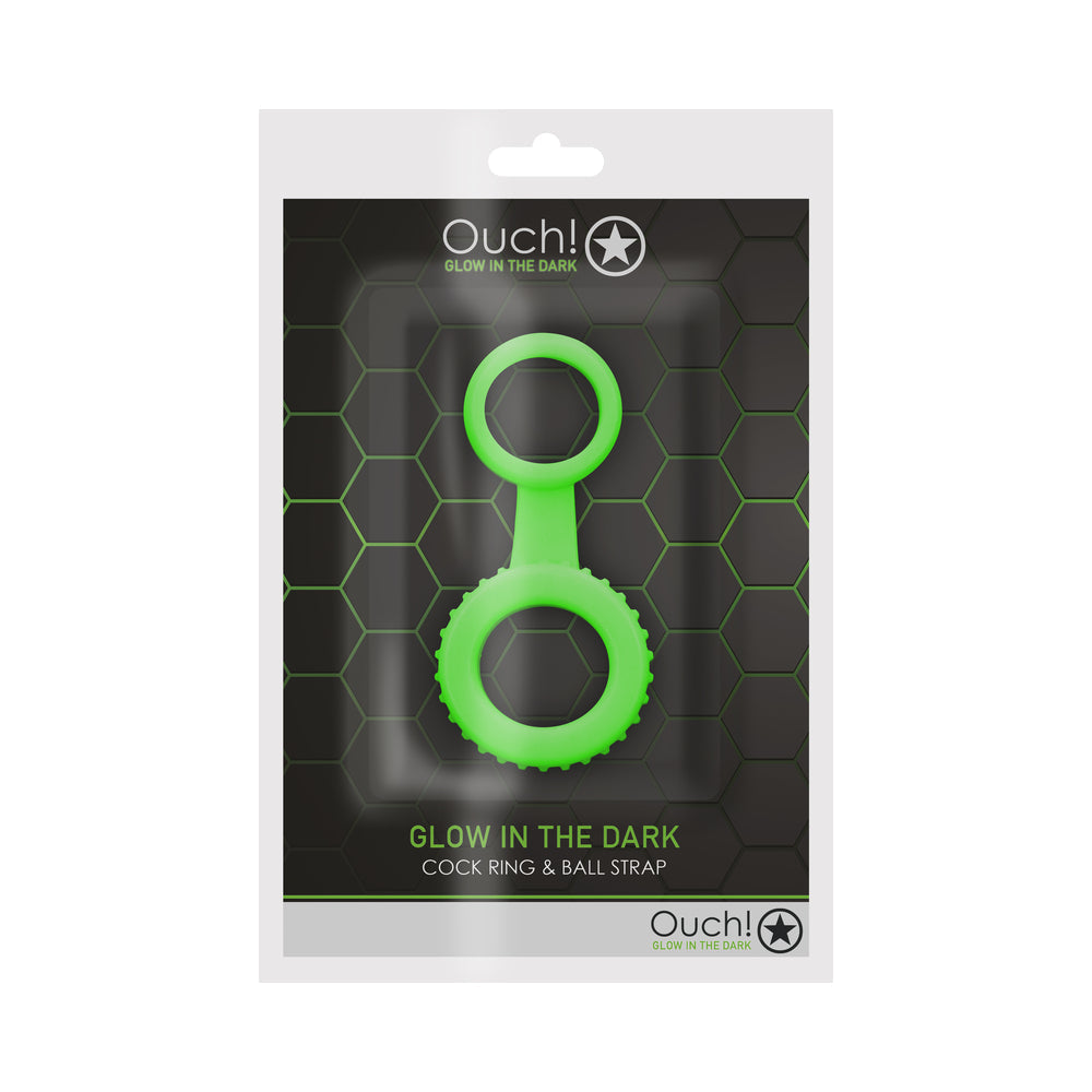 OUCH! GLOW IN THE DARK COCKRING & BALL STRAP NEON GREEN