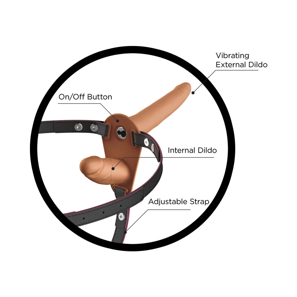 HOTT PRODUCTS - SKINSATIONS DOUBLE DICKIN VIBRATING DUAL-SIDED STRAP-ON WITH HARNESS VANILLA