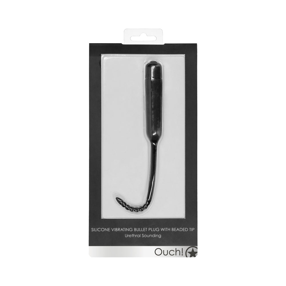 SHOTS - OUCH! URETHRAL SOUNDING SILICONE VIBRATING BULLET PLUG WITH BEADED TIP BLACK 5.5 MM - 7 MM