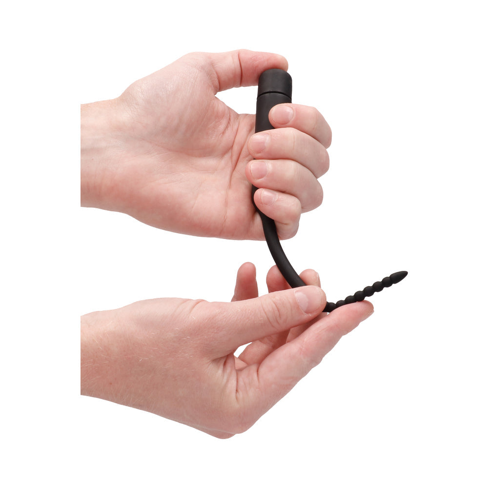 SHOTS - OUCH! URETHRAL SOUNDING SILICONE VIBRATING BULLET PLUG WITH BEADED TIP BLACK 5.5 MM - 7 MM