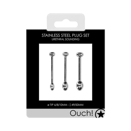 SHOTS - OUCH! URETHRAL SOUNDING STAINLESS STEEL PLUG SET 6 MM / 8 MM / 10 MM