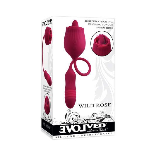 EVOLVED - WILD ROSE RECHARGEABLE DUAL-ENDED SILICONE THRUSTING EGG & FLICKING TONGUE VIBRATOR RED