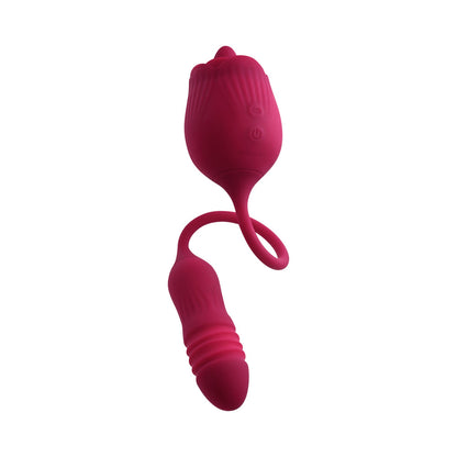 EVOLVED WILD ROSE RECHARGEABLE DUAL-ENDED SILICONE THRUSTING EGG & FLICKING TONGUE VIBRATOR RED