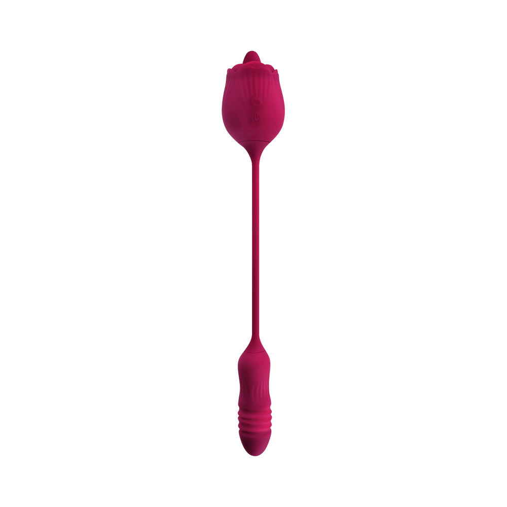 EVOLVED WILD ROSE RECHARGEABLE DUAL-ENDED SILICONE THRUSTING EGG & FLICKING TONGUE VIBRATOR RED