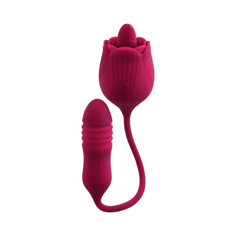 EVOLVED WILD ROSE RECHARGEABLE DUAL-ENDED SILICONE THRUSTING EGG & FLICKING TONGUE VIBRATOR RED