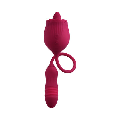 EVOLVED WILD ROSE RECHARGEABLE DUAL-ENDED SILICONE THRUSTING EGG & FLICKING TONGUE VIBRATOR RED