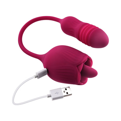 EVOLVED WILD ROSE RECHARGEABLE DUAL-ENDED SILICONE THRUSTING EGG & FLICKING TONGUE VIBRATOR RED