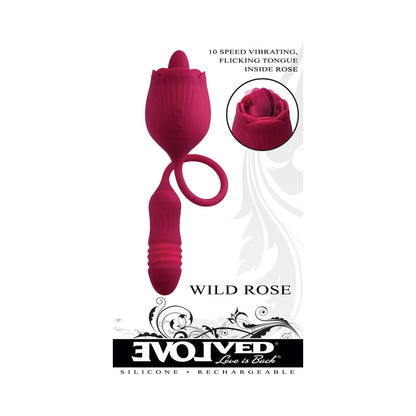 EVOLVED - WILD ROSE VIBRADOR RECARGABLE DE DOBLE EXTREMO DE SILICONA CON HUEVO DE EMPUJE Y LENGUA VIBRADORA ROJO