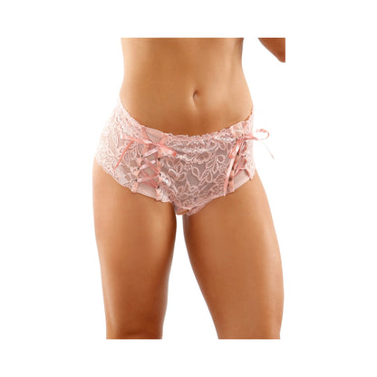 MAGNOLIA CROTCHLESS LACE BOYSHORT WITH LACE-UP PANEL DETAILS LIGHT PINK L/XL